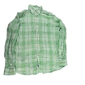 Ralph Lauren Classic Fit Plaid Linen Button Down Shirt Men's XL Green White